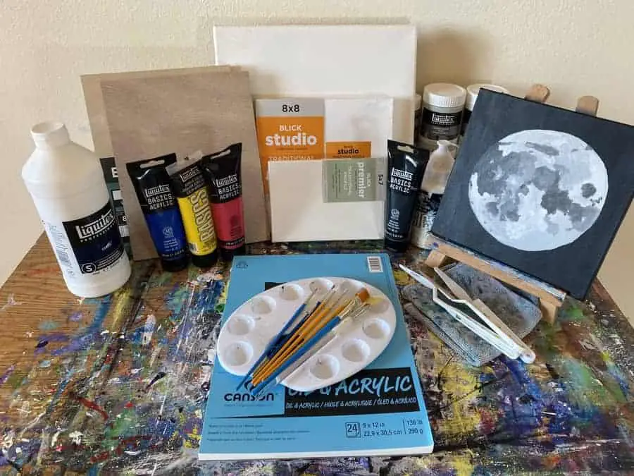 An array of acrylic painting supplies to get started with acrylic painting.