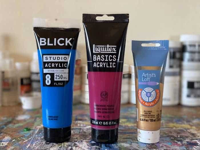 Beginner acrylic paints commonly used. From the left to right we have Blick, then Liquitex, and then the Artist's Loft brands. 