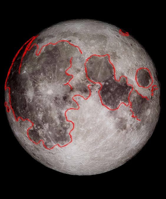 A picture of the moon with the darkest patches on the moon outlined in red.